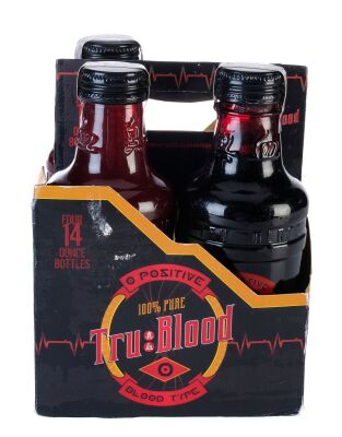 1082. Three Tru Blood Bottles with Carrier and Pair of Decals ### TRUE BLOOD (2008-2014)