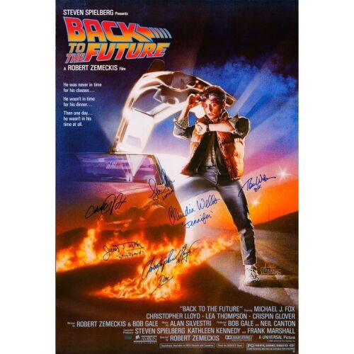 399. Commercial Poster (27" x 40") Signed by Michael J Fox, Christopher Lloyd, Lea Thompson, Tom Wilson, Claudia Wells and James Tolkan (Beckett COA); Very Fine- Rolled ### BACK TO THE FUTURE (1985)