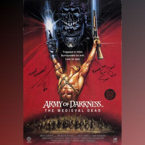 571. One Sheet (27" x 40, 13.5" x 20") Signed by Bruce Campbell and Sam Raimi (Beckett COA); Double-Sided International Style; Very Fine- Rolled ### ARMY OF DARKNESS (1992)