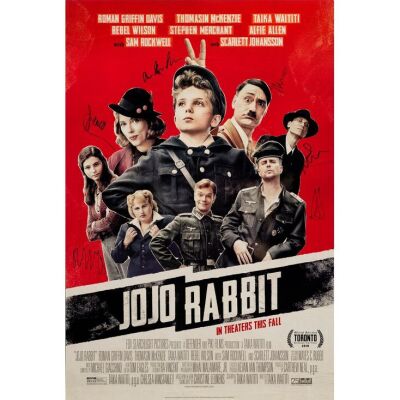 764. One Sheet (27" x 40") Signed by Scarlett Johansson, Roman Griffin Davis, Thomasin McKenzie, Taika Waititi, Stephen Merchant and Alfie Allen (Beckett COA); Advance, Double-Sided; Very Fine+ Rolled ### JOJO RABBIT (2019)