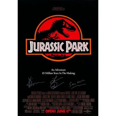 769. One Sheet (27" x 39") Signed by Jeff Goldblum, Laura Dern and Sam Neill (Beckett COA); Dated Advance; Very Fine+ Rolled ### JURASSIC PARK (1993)