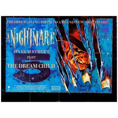 901. Cast-Autographed British Quad (40" x 30") Signed by Robert Englund, Danny Hassel, Lisa Wilcox and Graham Humphreys (Artist); Very Fine Folded ### NIGHTMARE ON ELM STREET 5, A: THE DREAM CHILD (1990)