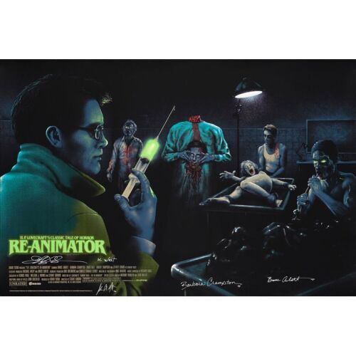 971. Limited Edition Screen Print (36" x 24") Signed by Jeffrey Combs, Barbara Crampton, Bruce Abbott and John Naulin (Beckett COA); Hand-Numbered Limited Edition (#15/50), Glow in the Dark Variant Ed ### RE-ANIMATOR (2016)
