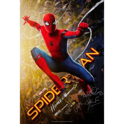 1061. One Sheet (27" x 40") Signed by Tom Holland, Robert Downey Jr., Zendaya, Laura Harrier, Jacob Batalon, Tony Revolori, Jon Watts and Kevin Feige (Beckett COA); Advance Swimming Style, Double-Side ### SPIDER-MAN: HOMECOMING (2017)