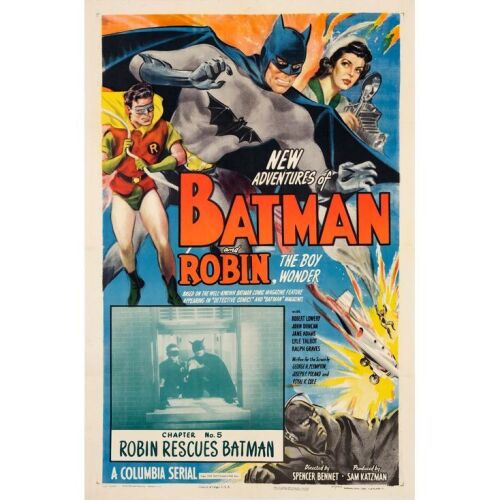 28. NEW ADVENTURES OF BATMAN AND ROBIN (1949): One Sheet (27" x 41"); Chapter 5: "Robin Rescues Batman"; Very Fine+ on Linen