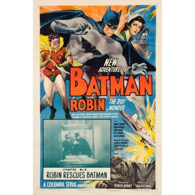 28. NEW ADVENTURES OF BATMAN AND ROBIN (1949): One Sheet (27" x 41"); Chapter 5: "Robin Rescues Batman"; Very Fine+ on Linen