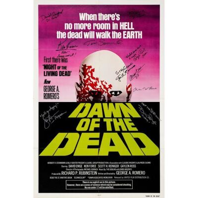 79. DAWN OF THE DEAD (1978): One Sheet (27" x 41") Signed by George Romero, Christine Romero, David Crawford, David Emge, Michael Gornick, Richard France and Schott Reiniger (Beckett COA); First Release Advance, Green Text St