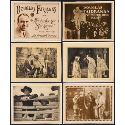 92. DOUGLAS FAIRBANKS SILENT FILM LOBBY CARDS (1916 - 1919): Title Lobby Cards (2) and Lobby Cards (4) (11" x 14"); Fine+ on Cardstock