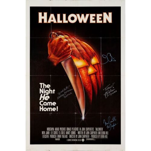 125. HALLOWEEN (1978): One Sheet (27" x 41") Signed by John Carpenter, Nick Castle, P.J. Soles, and Nancy Kyes (Beckett COA); Black Ratings Box Style; Fine Folded
