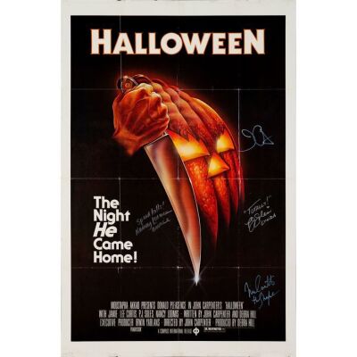 125. HALLOWEEN (1978): One Sheet (27" x 41") Signed by John Carpenter, Nick Castle, P.J. Soles, and Nancy Kyes (Beckett COA); Black Ratings Box Style; Fine Folded