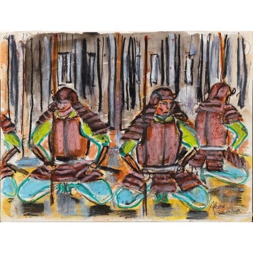 180. KAGEMUSHA (c.1970s): Signed Original Preliminary Artwork (13.5" x 10.5" (Artwork), 22" x 18" x 1" (Frame) Signed by Akira Kurosawa; Watercolor and Ink on Artist Paper; Very Fine Framed