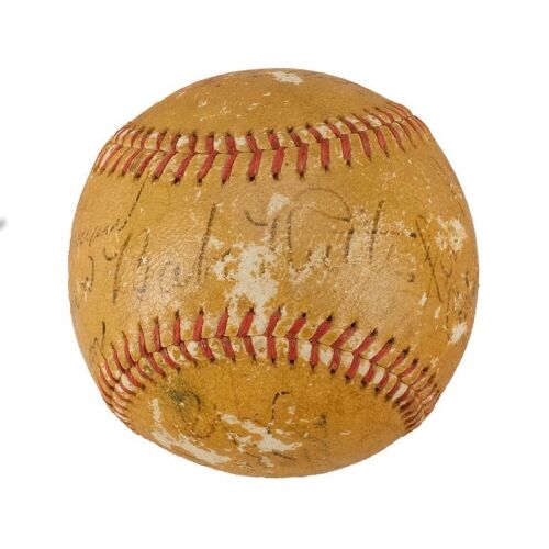 241. THE PRIDE OF THE YANKEES (c.1940s): Baseball in Acrylic Display Box (3.25" x 3.25" x 3.25") Signed by Hall of Famers Babe Ruth and Bill Dickey; Jack Salveson; Lloyd Brown; Key Cast Members Gary Cooper, Mark Koenig, Walter Brennan,