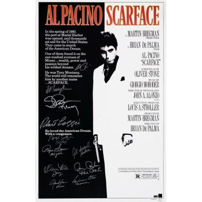 261. SCARFACE (1983): Reprint Poster (25" x 39") Signed by Al Pacino, Murray Abraham, Steven Bauer, Robert Loggia, Angel Salazar, Pepe Serna, Al Israel, Caesar Cordova, Dennis Holahan, Miriam Colon and Geno Silva (Bec