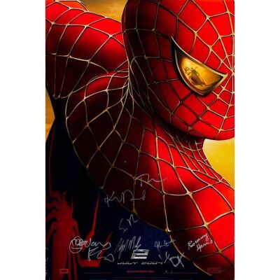 272. SPIDER-MAN 2 (2004): One Sheet (27" x 40") Signed by Tobey Maguire, Kirsten Dunst, Alfred Molina, James Franco, Willem Dafoe, Rosemary Harris, John Landis, Sam Raimi (Beckett COA); Advance, Double-Sided; Fine+ Rolled