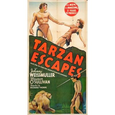 312. TARZAN ESCAPES (1936): Three Sheet (41" x 79"); From the Bradleigh Vinson Collection; Style A, Stone Lithograph; Fine+ Folded