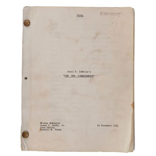 316. THE TEN COMMANDMENTS (1956): Film Script (8.5" x 11"); Written by Dorothy Clarke Wilson, J.H. Ingraham and A.E. Southon; Belonging to Actor/Associate Producer Henry Wilcoxon; Fine-