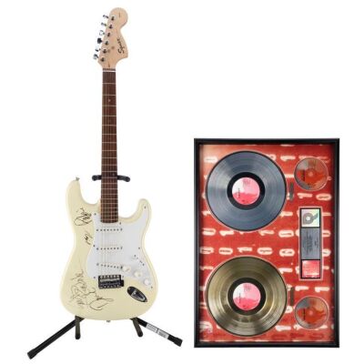 88. BUSH - Gavin Rossdale, Robin Goodridge, Dave Parsons and Nigel Pulsford-Autographed Fender Squier Strat Guitar and Disc Award Presented to John Lassman