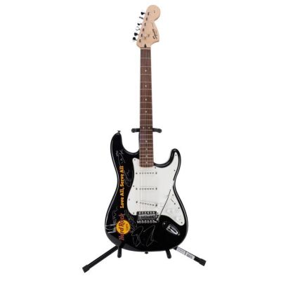 90. CHEAP TRICK - Robin Zander, Rick Nielsen, Tom Petersson and Others Autographed Hard Rock Fender Squier Stratocaster Guitar