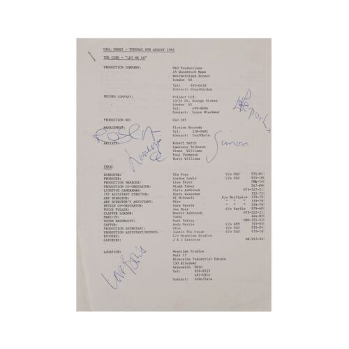 99. THE CURE - Robert Smith, Simon Gallup, Porl Thompson, Lol Tolworth, and Boris Williams-Autographed "Let Me Go" Call Sheet