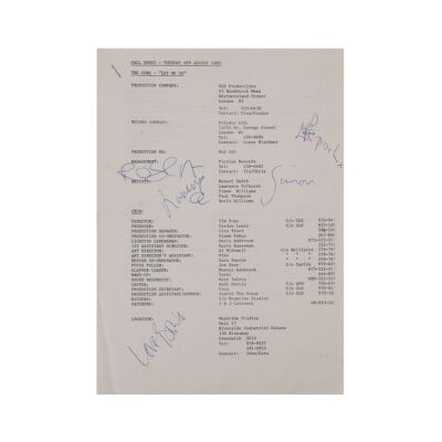 99. THE CURE - Robert Smith, Simon Gallup, Porl Thompson, Lol Tolworth, and Boris Williams-Autographed "Let Me Go" Call Sheet