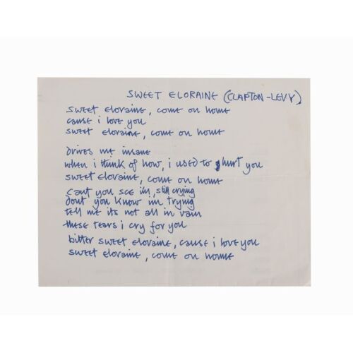 130. ERIC CLAPTON - Eric Clapton's Handwritten Lyrics For Unreleased Song "Sweet Eloraine", Circa 1976