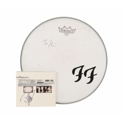 132. FOO FIGHTERS - Dave Grohl-Autographed CD and Taylor Hawkins-Autographed Drumskin