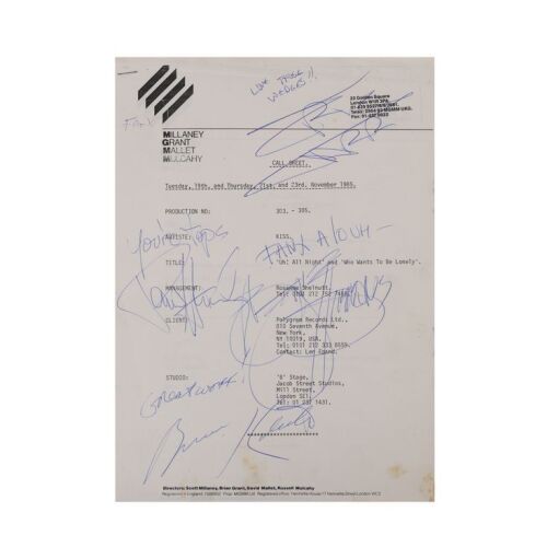 183. KISS - Paul Stanley, Gene Simmons, Eric Carr and Bruce Kulick-Autographed Call Sheet