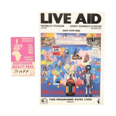 193. LIVE AID (1985) - Paul McCartney, Adam Ant, Roger Daltrey, Bob Geldof and Others Autographed Live Aid Concert Programme And Staff Pass