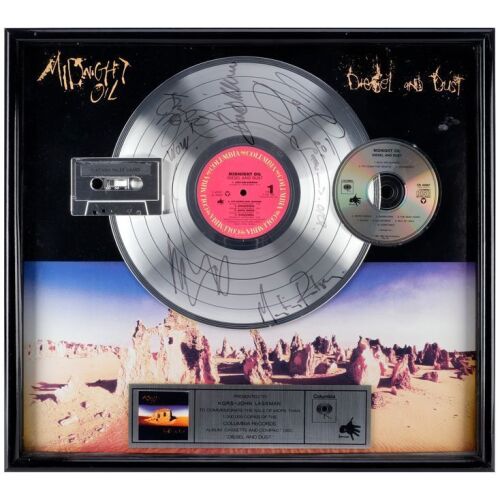 223. MIDNIGHT OIL - Peter Garrett, Rob Hirst, Jim Moginie, Martin Rotsey and Bones Hillman-Autographed "Diesel and Dust" Platinum Award Display