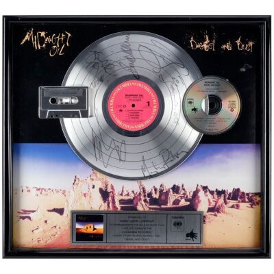 223. MIDNIGHT OIL - Peter Garrett, Rob Hirst, Jim Moginie, Martin Rotsey and Bones Hillman-Autographed "Diesel and Dust" Platinum Award Display