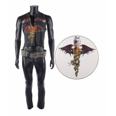 232. MOTLEY CRUE - Vince Neil's (Daniel Webber) Dr. Feelgood Tour Performance Costume Components and Tommy Lee's (Colson Baker/Machine Gun Kelly) Dr. Feelgood Bass Drumhead
