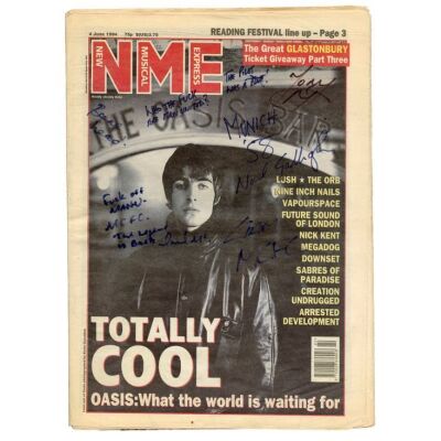 292. OASIS - Noel Gallagher, Liam Gallagher, Bonehead, Paul "Guigsy" McGuigan and Tony McCarroll-Autographed NME June 1994 Magazine