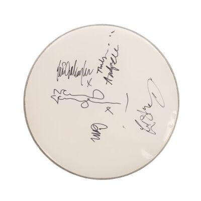 293. OASIS - Noel Gallagher, Liam Gallagher, Gem Archer, Andy Bell, and Zak Starkey-Autographed Drumhead