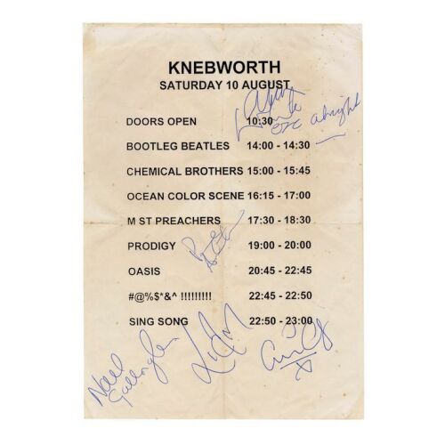 294. OASIS - Noel Gallagher, Liam Gallagher, Paul "Bonehead" Arthurs, Guigsy and Alan White-Autographed Knebworth 1996 Running Order Sheet