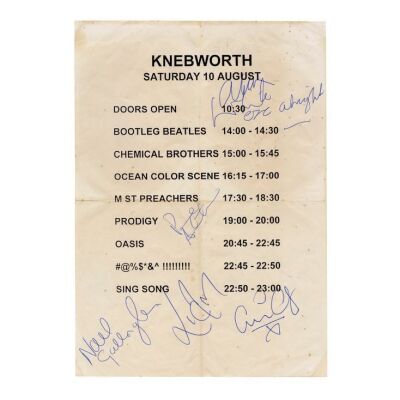294. OASIS - Noel Gallagher, Liam Gallagher, Paul "Bonehead" Arthurs, Guigsy and Alan White-Autographed Knebworth 1996 Running Order Sheet