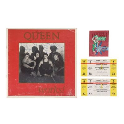 330. QUEEN - Freddie Mercury, Brian May, Roger Taylor and John Deacon-Autographed The Works Tour Programme, Two Tickets and Backstage Pass