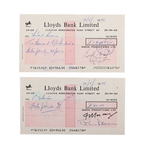 334. QUEEN - Pair of 1975 Lloyds Bank Cheques Signed by Freddie Mercury, Brian May, Roger Taylor and John Deacon