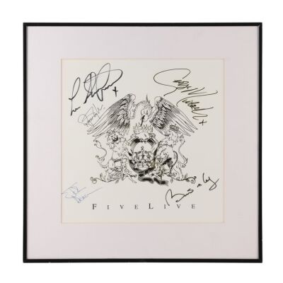 339. QUEEN, GEORGE MICHAEL AND LISA STANSFIELD - Framed George Michael, Brian May, John Deacon, Roger Taylor and Lisa Stansfield-Autographed "Five Live" EP Cover