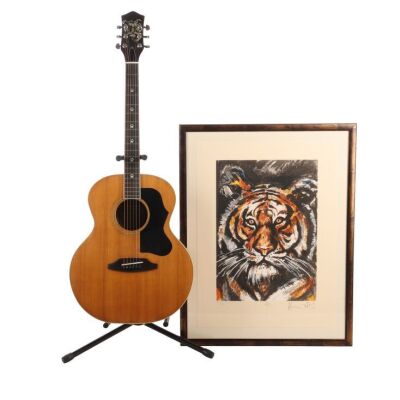356. THE ROLLING STONES - Ronnie Wood's Custom Richard Leach Tiger Guitar and Autographed Limited Edition Tiger Print