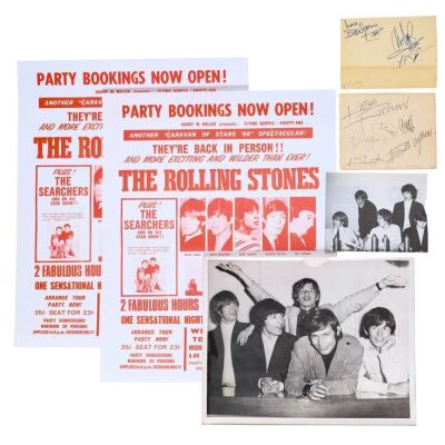 357. THE ROLLING STONES - Charlie Watts-Autographed Page, Set of Band Autographs by Keith Richards, Two 1966 Concert Posters and Two Photographs