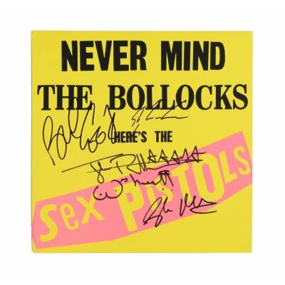 374. SEX PISTOLS - Johnny Rotten, Steve Jones, Paul Cook, and Glen Matlock-Autographed "Never Mind the Bollocks, Here's the Sex Pistols" Vinyl Sleeve