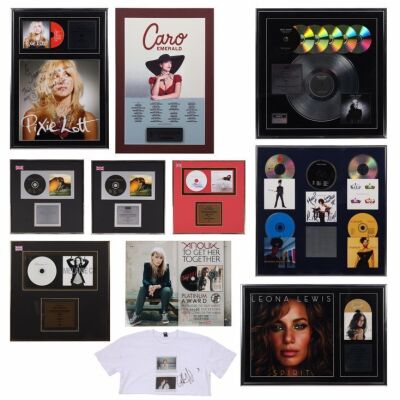 402. MELANIE C/EMELI SANDE/PIXIE LOTT - Nordoff and Robbins Collection: Various Multi-Platinum, Platinum and Gold Disc Awards, Griff-Autographed T-shirt and M People-Autographed Album Display