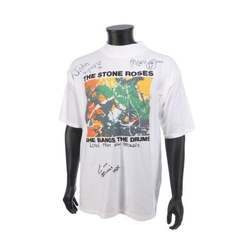 408. THE STONE ROSES - Ian Brown, John Squire, Gary Mounfield and Alan Wren-Autographed "She Bangs the Drums" T-Shirt