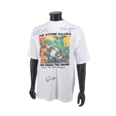 408. THE STONE ROSES - Ian Brown, John Squire, Gary Mounfield and Alan Wren-Autographed "She Bangs the Drums" T-Shirt