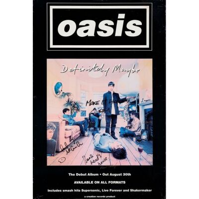 446. Liam Gallagher, Noel Gallagher, Bonehead, Paul "Guigsy" McGuigan and Tony McCarroll-Autographed Definitely Maybe Poster ### OASIS