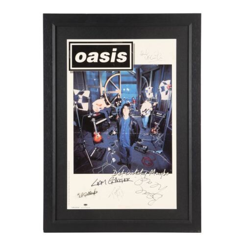 459. Liam Gallagher, Bonehead, Paul "Guigsy" McGuigan and Tony McCarroll-Autographed Original Definitely Maybe Poster With Frame Glass Autographed by Noel Gallagher ### OASIS