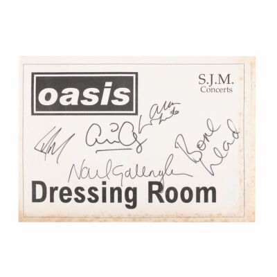 468. Noel Gallagher, Liam Gallagher, Bonehead, Paul "Guigsy" McGuigan and Alan White-Autographed 1995 Dressing Room Sign ### OASIS