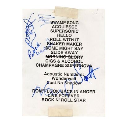 471. Noel Gallagher, Liam Gallagher, Bonehead, Paul "Guigsy" McGuigan and Scott McLeod-Autographed Hammerjacks 1995 Stage Used Setlist and Concert Ticket ### OASIS