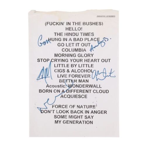 528. Noel Gallagher, Liam Gallagher, Gem Archer, Andy Bell and Alan White-Autographed Nagoya 2002 Concert Setlist ### OASIS