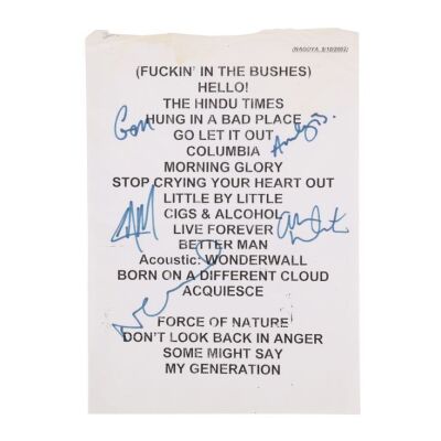 528. Noel Gallagher, Liam Gallagher, Gem Archer, Andy Bell and Alan White-Autographed Nagoya 2002 Concert Setlist ### OASIS